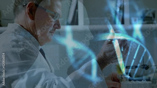 Animation of dna strands over caucasian male scientist photo