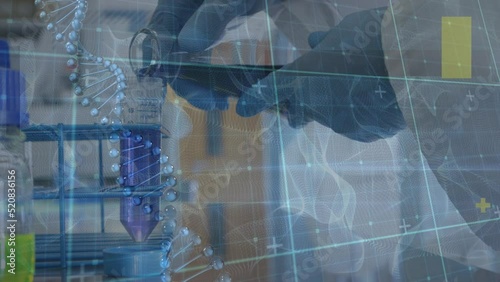 Animation of dna strand and data processing over caucasian female scientist in lab photo