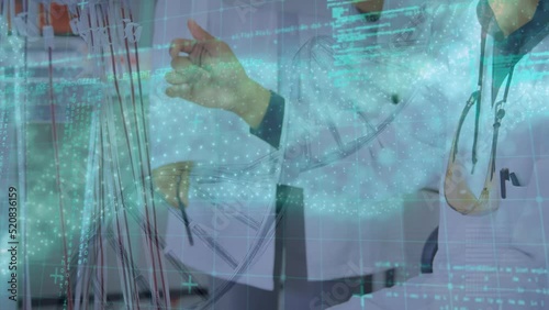 Animation of dna strand and data processing over diverse scientists in lab photo