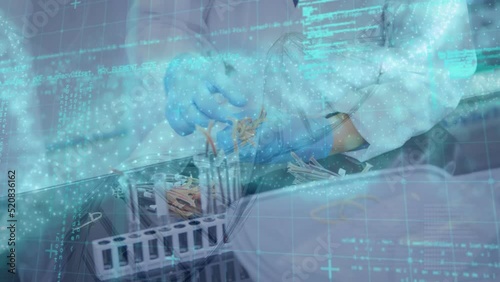 Animation of dna strand and data processing over caucasian female scientist in lab photo
