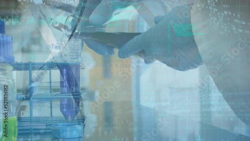 Animation of dna strand and data processing over caucasian female scientist in lab photo