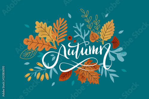 Autumn cozy sticker set with lettering. Pumpkin, sweater, harvest, yellow leaves, leaf fall, boots, acorn, mushroom on turquoise background