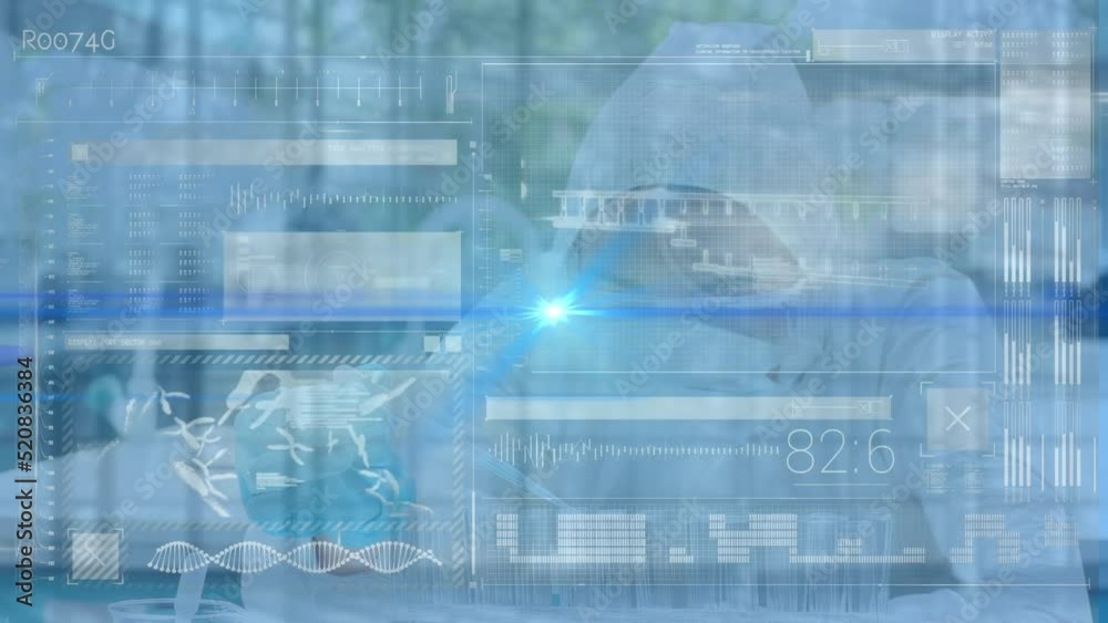 Animation of scientist experimenting in laboratory, glowing blue scientific data, dna in foreground Animation of scientist experimenting in laboratory, glowing blue scientific data, dna in foreground