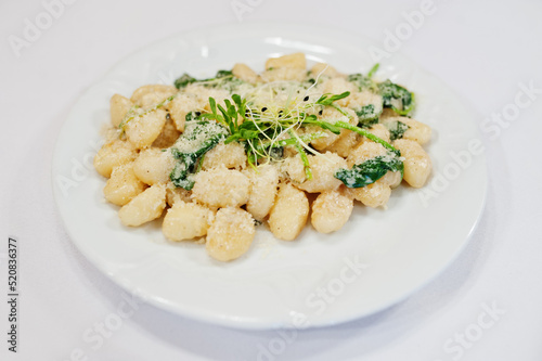 View on white background of dumplings. Healthy food, diet lunch concept.