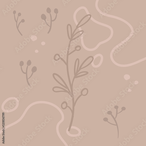 Background with organic abstract shapes and leaves. Line in pastel colors. Background in minimalist style. Contemporary vector Illustration.