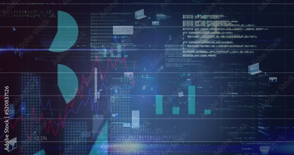 Animation of graphs and charts processing data on black background