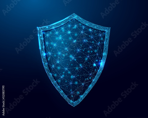 Guard shield. Cyber security concept with glowing low poly shield on dark blue background. Wireframe low poly design. Abstract futuristic vector illustration photo