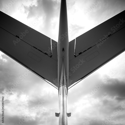 This artistic aircraft rendering of a business jet's horizontal tail image, in black and white, would make a great aviation illustration or art piece with a wide variety of uses. photo