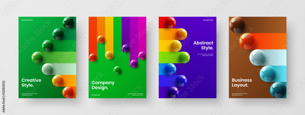 Multicolored 3D balls leaflet illustration set. Modern flyer A4 design vector template composition.