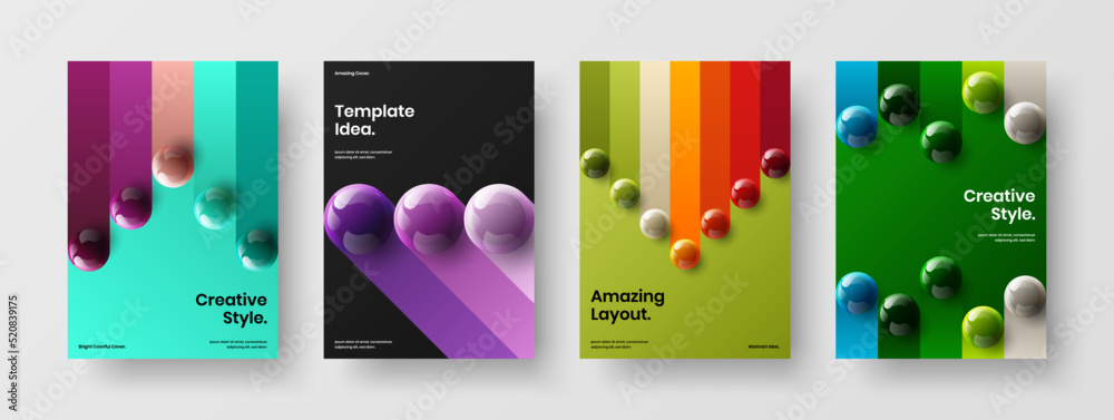Modern realistic spheres cover concept composition. Multicolored booklet vector design layout bundle.