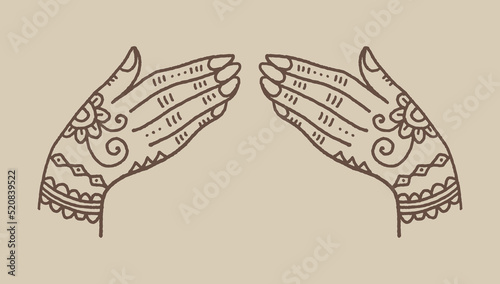 Woman henna art tattooed mehendi ornate hands. Indian traditional tattoo. Vector clipart illustration.