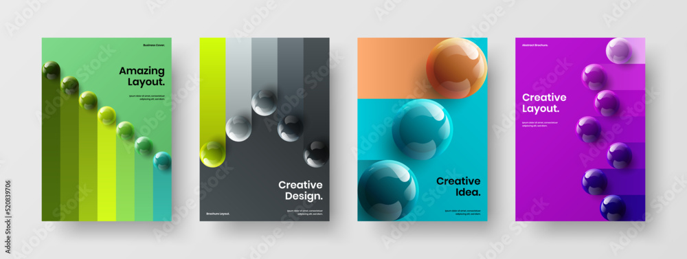 Trendy 3D spheres corporate brochure concept bundle. Original poster design vector layout collection.