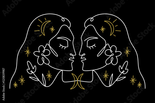 Witch Gemini Twins Zodiac line art symbol. Witchcraft sacred moon magic symbolic. Coven crescent pagan wicca goddess. Vector clipart illustration. Good for tattoos, astrology and witchy poster