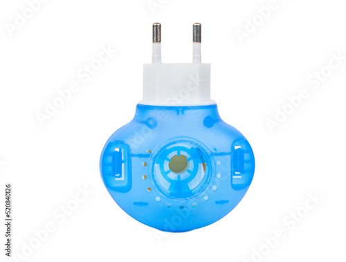 Blue fumigator for repelling mosquitoes in a socket with an euro plug isolated on a white background photo