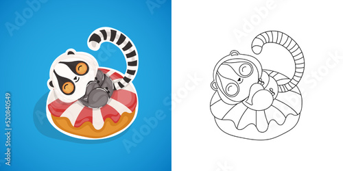 Kawaii Lemur Clipart Multicolored and Black and White. Cute Kawaii Lemur. Vector Illustration of a Kawaii Animal for Stickers, Prints for Clothes, Baby Shower, Coloring Pages.
