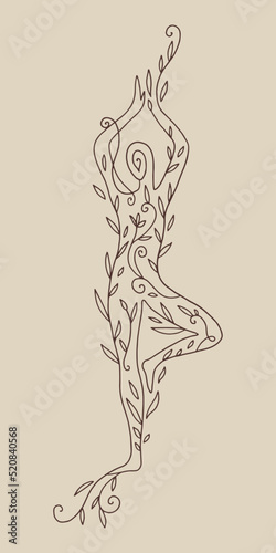 Divine plant tree growth Vrksansana yoga pose body woman illustration. Mother Earth, wellness, ecology growth feminine concept.