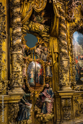 Russia Vologda Oblast Morozovitsa 07 21 2017 The fragment of 18th century wooden baroque iconostasis in the orthodox Troitse-Gledensky Monastery in the village of Morozovitsa near Veliky Ustyug