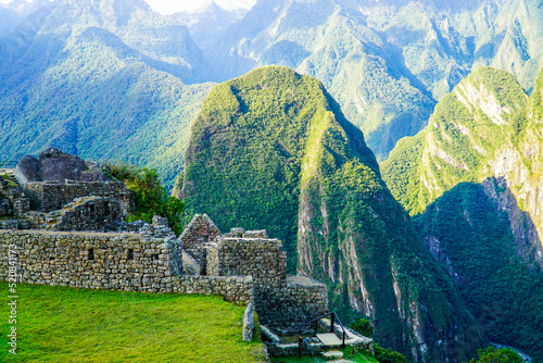 Panorama of the Machu Picchu or Machu Pikchu panoramic view in Peru. Machu Picchu is a Inca site located in the Cusco Region in Peru. Machu Picchu is one of the New Seven Wonders of the World