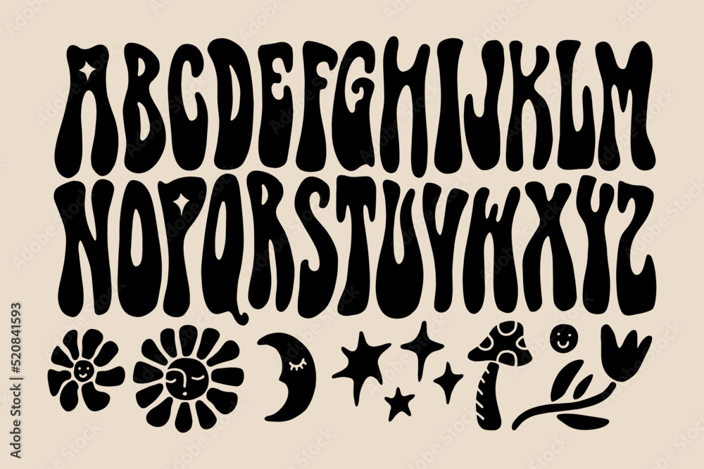 Hippie bohemian groovy postmodern funky font alphabet 1960s boho psychedelic style. Perfect for posters, collages, clothing, music albums and more. Vector clipart illustrations, isolated letters.