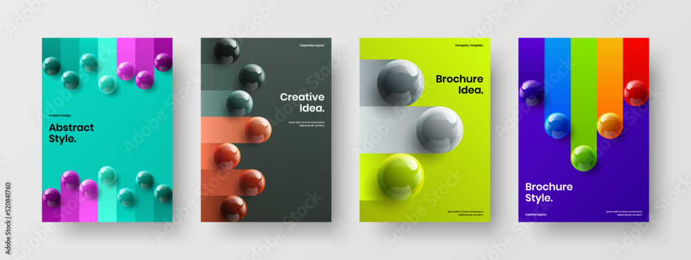 Trendy 3D balls book cover concept set. Modern brochure A4 design vector illustration collection.