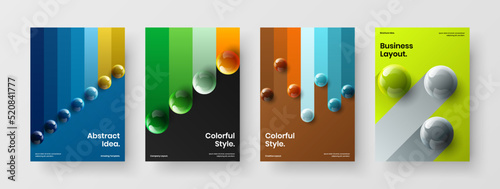 Minimalistic catalog cover A4 design vector template collection. Vivid 3D balls front page layout bundle.