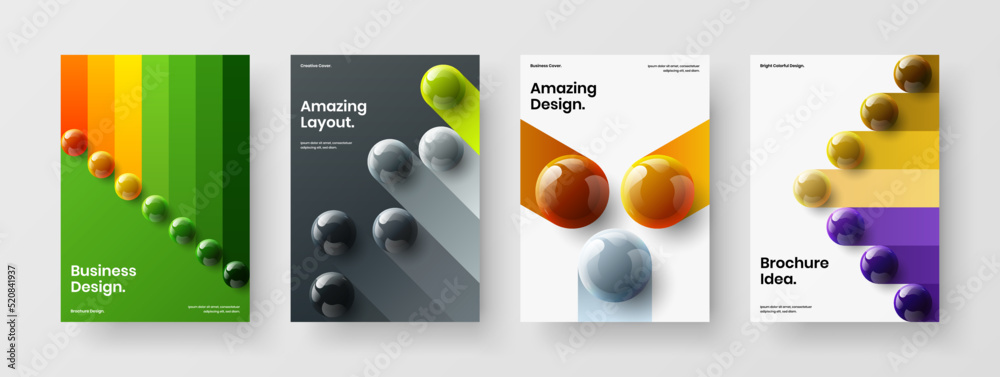 Colorful corporate cover design vector illustration set. Trendy realistic balls banner template composition.