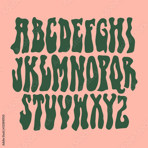 Hippie bohemian groovy postmodern funky font alphabet 1960s boho psychedelic style. Perfect for posters, collages, clothing, music albums and more. Vector clipart illustrations, isolated letters.