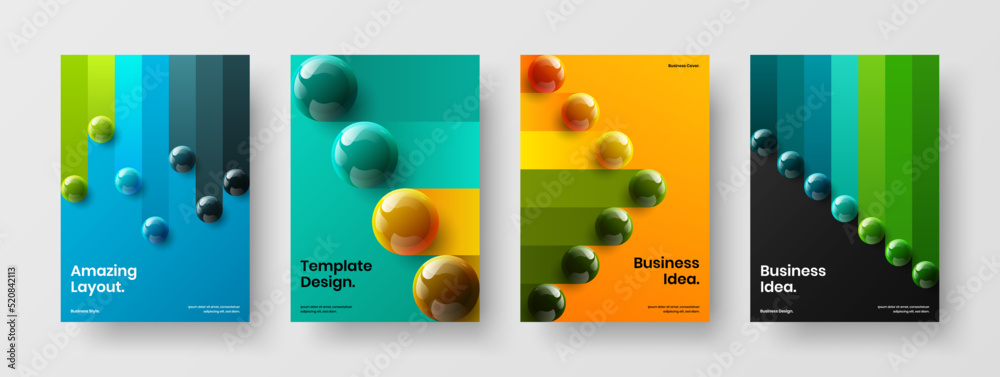 Fresh placard vector design illustration set. Creative 3D balls company cover layout composition.