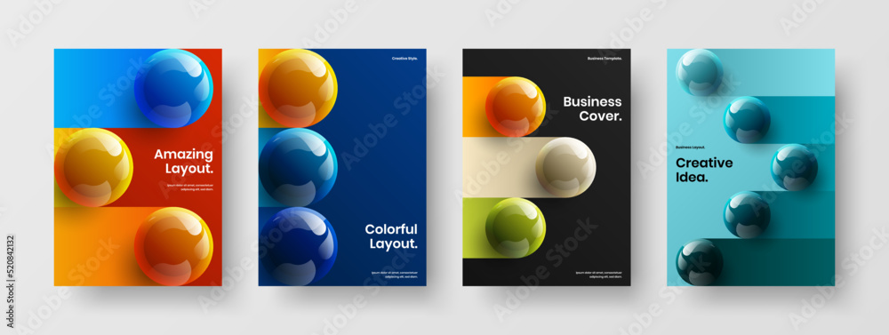 Colorful 3D balls catalog cover layout bundle. Simple leaflet A4 vector design illustration composition.