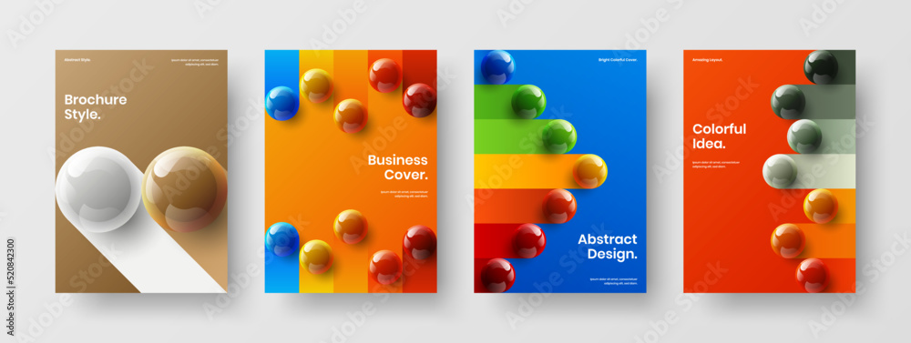 Original placard A4 vector design template set. Vivid realistic spheres book cover layout bundle.