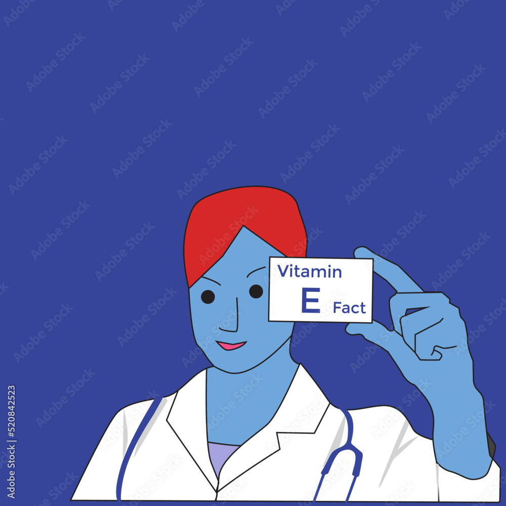 Vitamin E fact stock illustration. Smiling female doctor holding a card, healthcare concept