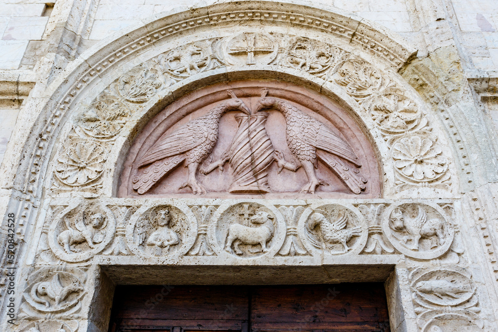 Ornate facade of the Duomo Cathedral of San Rufino in Assisi, Umbria, Italy, Europe