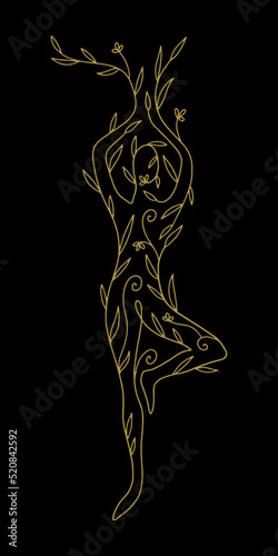 Divine plant tree growth Vrksansana yoga pose body woman illustration. Mother Earth, wellness, ecology growth feminine concept.