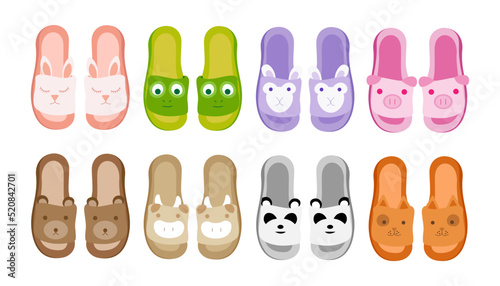 Set of colorful house slippers in cartoon style. Vector illustration of home clothes in the form of different animals on white background.