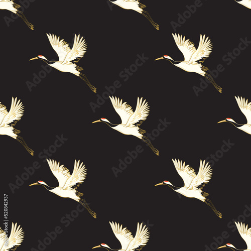 Decorative kimono floral motif background pattern with crane and flowers