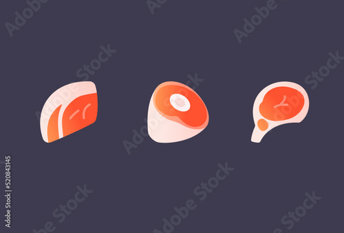 Vector icons, beef steaks clip art gummy style, rump, shank and ribeye steaks 