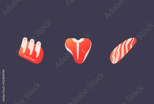 Vector icons, beef steaks clip art gummy style, prime rib, t-bone and skirt steaks 