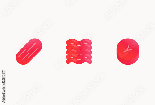 Vector icons, beef steaks clip art gummy style, flank steak, ground beef and filet mignon