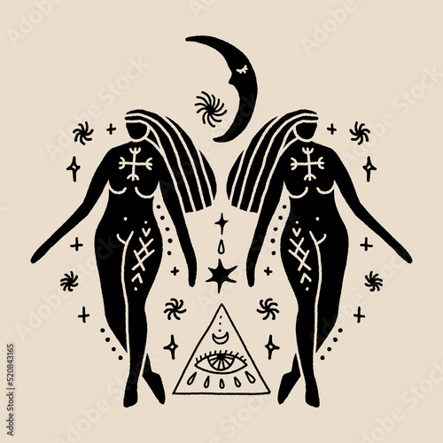 Witch coven Samhain woman silhouette. Eye of Providence, witchcraft sacred moon magic symbolic. Masonic crescent pagan wicca goddess. Vector clipart illustration. Good for tattoos, astrology and