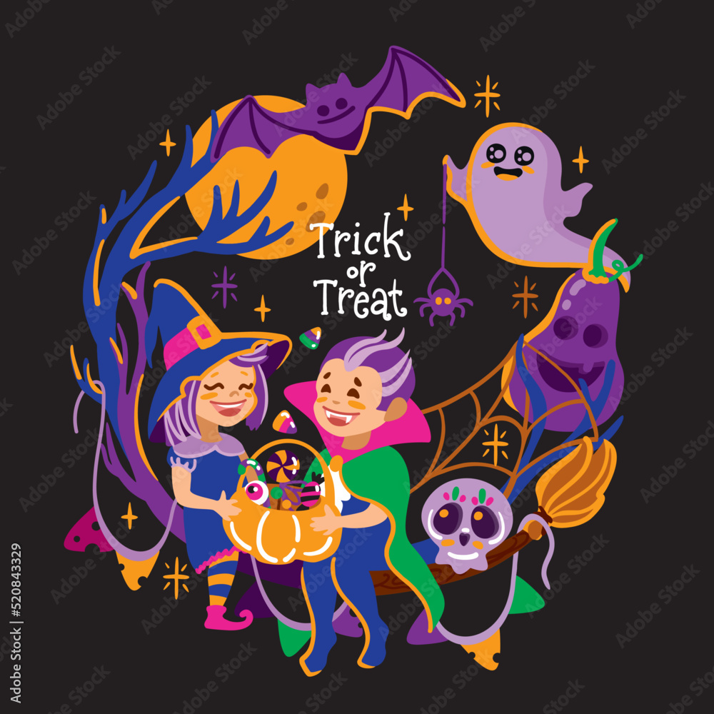 Naklejka premium Drawn halloween frame with childs on witch and vampire costumes and other traditional elements of Halloween. Vector illustration.