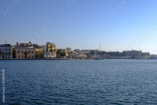 view of the historic center of Brindisi, Italy. Sea view of the skyline
