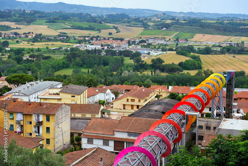 panorama and modern walkway of peccioli tuscany italy photo