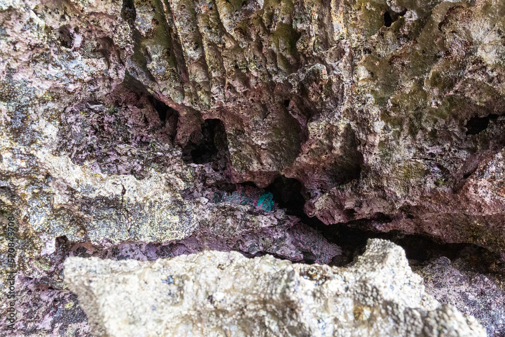 rocks near the beach with a great variety of veins of different colors and minerals, live and natural colored rocks