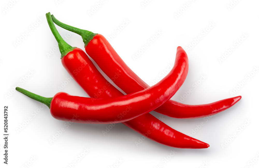 Chili pepper isolated. Chilli top view on white background. Three red hot chili peppers top. With clipping path.