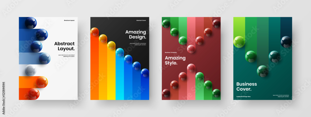 Fresh realistic spheres placard concept composition. Bright company cover A4 vector design illustration set.