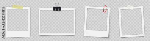 Realistic photo frame. White empty photo frame. Retro photograph with shadow. Photos hanging on adhesive tape and paper clip and binder paper clip - stock vector.