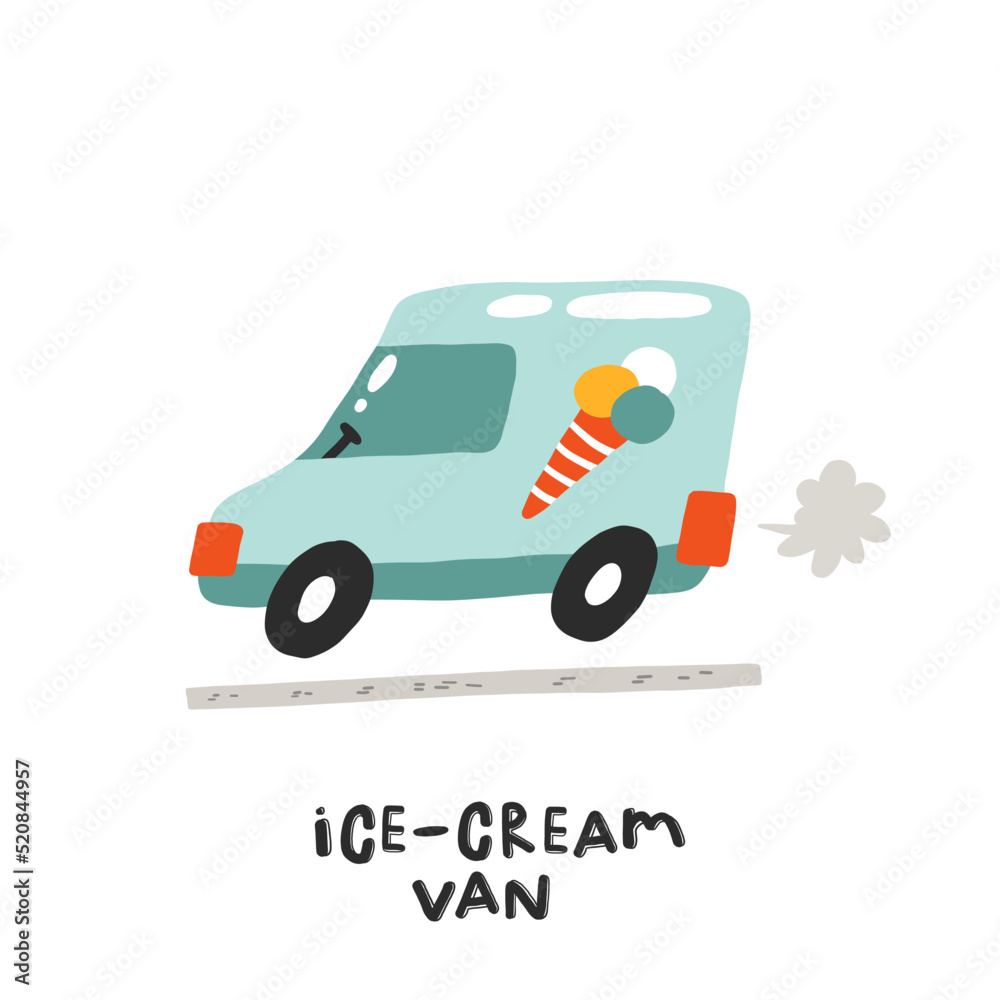 Ice cream van. Hand drawn illustration in cartoon style. Transport toys. Cute concept for children's print. Illustration for the design postcard, textiles, apparel Ice cream van. Hand drawn illustration in cartoon style. Transport toys. Cute concept for children's print. Illustration for the design postcard, textiles, apparel
