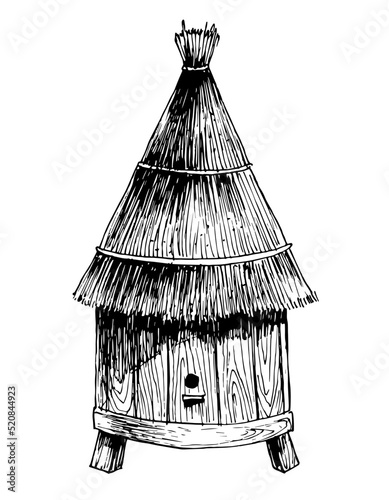 Vintage beehive in sketch style. Hand drawn vector drawing of a bee house for honey production. Black illustration of the insect house