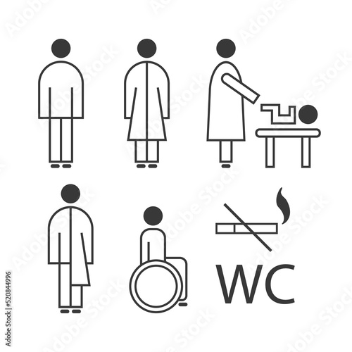 Toilet line icon set. WC sign. Men,women,mother with baby and handicap symbol. Set of vector line icons ready to use in a wayfinding system. Restroom for male, female, transgender, disabled