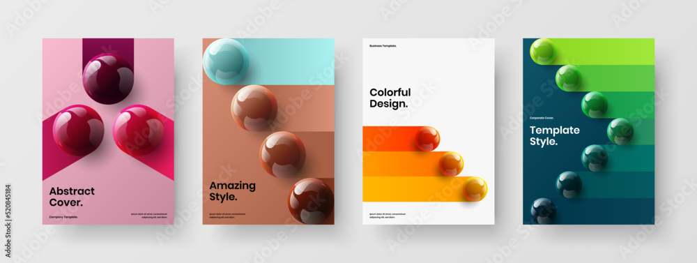 Clean 3D balls brochure layout set. Fresh front page vector design concept collection.